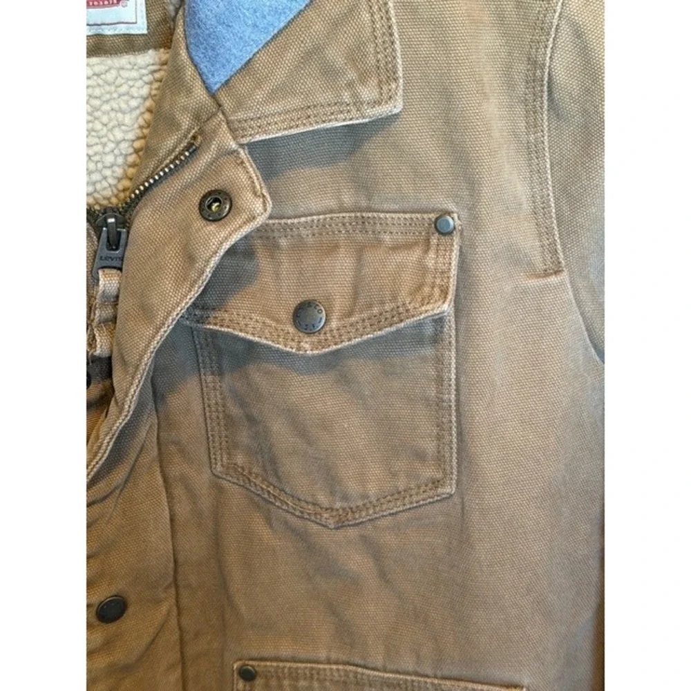 Levi's Mens Tan‎ Canvas Sherpa Lined Hooded Trucker Work Jacket Brown L/XL